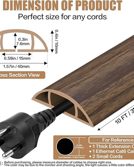 Floor Cord Cover Self Adhesive Cord Hider,10FT Cable Management, Extension Strip Protector for Wires, Prevent Cable Trips for Offices, Gyms, Exhibitions Cavity:0.51"(W) x 0.3"(H) Wood Walnut