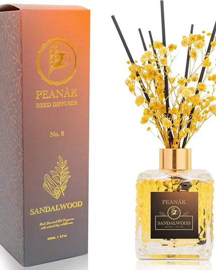 Reed Diffuser Set - Sandalwood Orange Oil, Oil Diffuser Sticks, Bathroom Diffuser, Bathroom Decor, 200ml with Preserved Flowers - PEANÄK