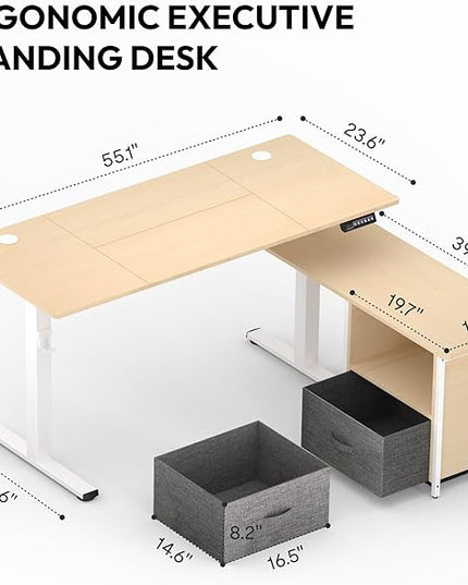 SANODESK 55'' L Shaped Standing Desk with 2-Drawer File Cabinet, Electric Height Adjustable Stand up Desk w/USB Charge Ports, Home Office Modern Wood Computer Desk with Shelves,White Frame/Maple Top