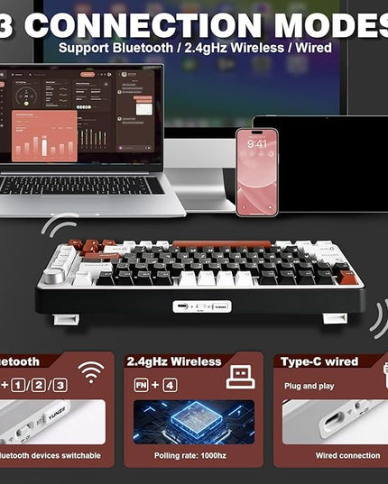YUNZII B75 PRO Wireless Mechanical Keyboard,75% Layout with Knob,Hot Swap Gasket Custom Structure,Creamy Pre-lubed Switches,RGB Backlit,Bluetooth/Type-C/2.4G for Win/Mac(Milk Switch,Black)