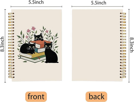 Black Cat Book Lover Spiral Notebook Journal 5.5x8.3, Cat Mom Lady Gifts Journal for Women, Book Lovers Gifts for Bookish Readers, Boho Floral Journaling Notebooks