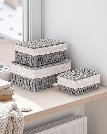 GIB Small Wicker Storage Baskets with Lids and Liner, Rectangular Paper Rope Woven Baskets for Organizing, Decorative Boxes Boho Decor for Shelves Table Desktop Makeup Organizer, Set of 3, Grey
