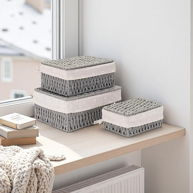 GIB Small Wicker Storage Baskets with Lids and Liner, Rectangular Paper Rope Woven Baskets for Organizing, Decorative Boxes Boho Decor for Shelves Table Desktop Makeup Organizer, Set of 3, Grey