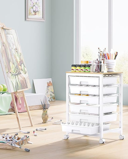 Rolling Storage Utility Cart with 6 Drawers and Wooden Tabletop for Under Desk Storage,White