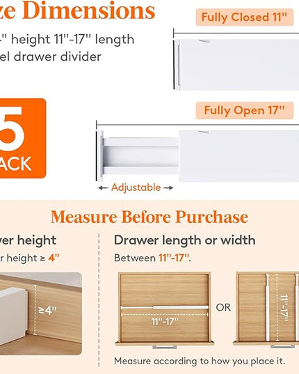 Lifewit 5 Pack Drawer Dividers 4" High, 11-17" Adjustable Dresser Drawer Organizers for Clothes, Expandable Drawer Separators in Kitchen/Bedroom/Bathroom/Vanity/Office Organization and Storage, White