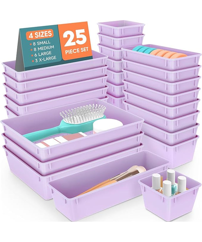 WOWBOX 25 PCS Plastic Drawer Organizer Set, 4 Sizes Desk Drawer Divider Organizers and Storage Bins for Makeup, Jewelry, Gadgets for Kitchen, Bedroom, Bathroom, Office, Purple