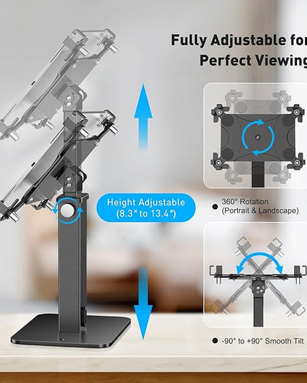 AboveTEK Anti-Theft iPad Kiosk Stand, 360 Rotation & Adj. Height 8.3"–13.4", Heavy-Duty Steel & Aluminum, Fits 9.7"-13" Tablets, Security Retail POS Tablet Stand for Business & Commercial Use