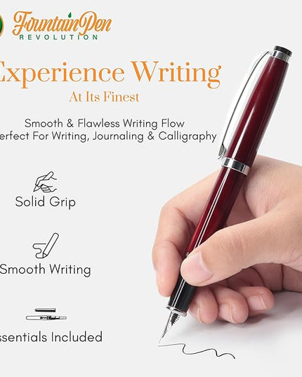 FPR Ambassador Ultra Flex Nib Fountain Pen Set, Burgundy - Refillable Pen w/Cartridges & Converter - Calligraphy Pens for Writing, Journaling & Gifting - Luxury Pens For Smooth Strokes
