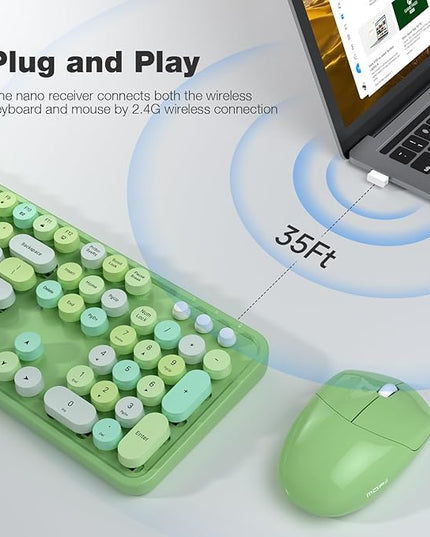 MOFII Wireless Keyboard and Mouse Combo, 2.4GHz Retro Full Size Typewriter Keyboard with Number Pad & Wireless Mouse for Laptop, PC, Desktop, Mac, Windows - Green Colorful