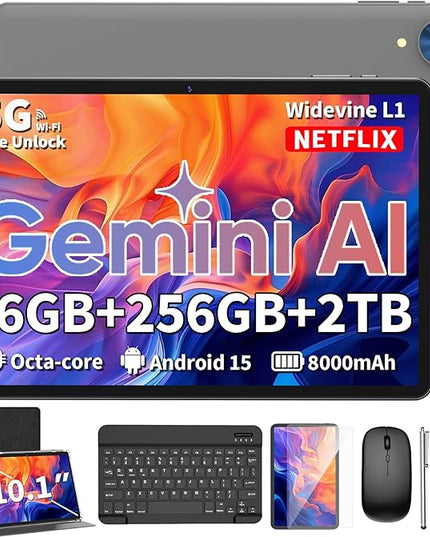 Relndoo Android Tablet, 10.1 inch Android 15 Tablet with Keyboard, 24GB+256GB+2TB Expandable, 2 in 1 Tablets with Keyboard Case Mouse Stylus, Gemini AI, 8-core, 8000mAh, 5G WiFi, GMS,GPS (Black)