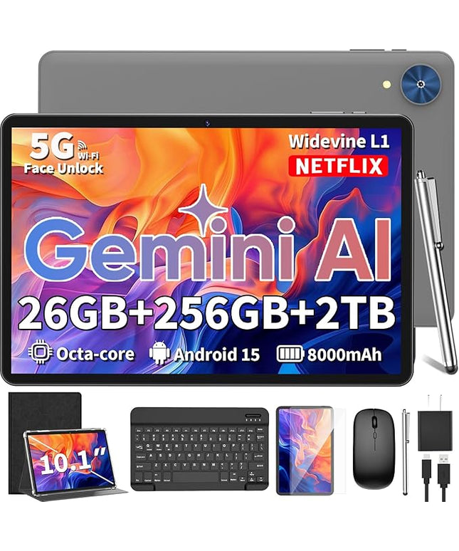 Relndoo Android Tablet, 10.1 inch Android 15 Tablet with Keyboard, 24GB+256GB+2TB Expandable, 2 in 1 Tablets with Keyboard Case Mouse Stylus, Gemini AI, 8-core, 8000mAh, 5G WiFi, GMS,GPS (Black)