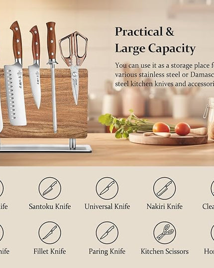 Strong Double Sided Magnetic Knife Block Without Knives, with Acacia Wood+430 Stainless Steel Base，Magnetic Universal Stands with Strong Enhanced Magnets Strip Kitchen Storage Cutlery Large Organizer