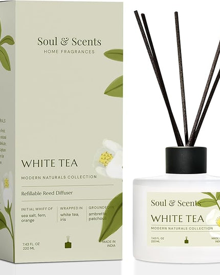 Soul & Scents Reed Diffuser Set – White Tea | 7.43 oz Refillable Scented Oil with 6 Fiber Sticks | Long-Lasting Home Fragrance & Air Freshener for Bedroom, Bathroom, Office | Gift & Décor Piece