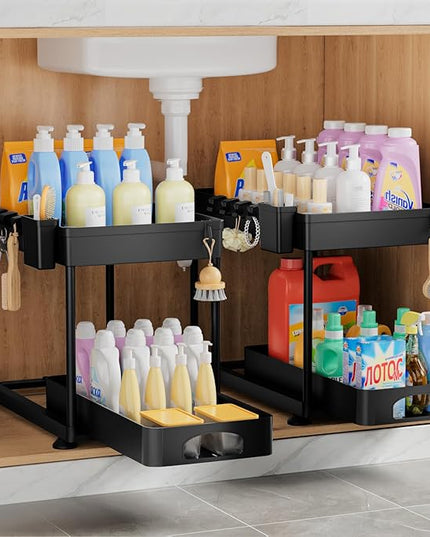Under Sink Organizer, Under Kitchen Sink Organizer, 2 Pack Bathroom Cabinet Organizers and Storage, 2 Tier Pull-Out Multi-Purpose Storage Organizers for Bathroom Kitchen Cabinet, Black