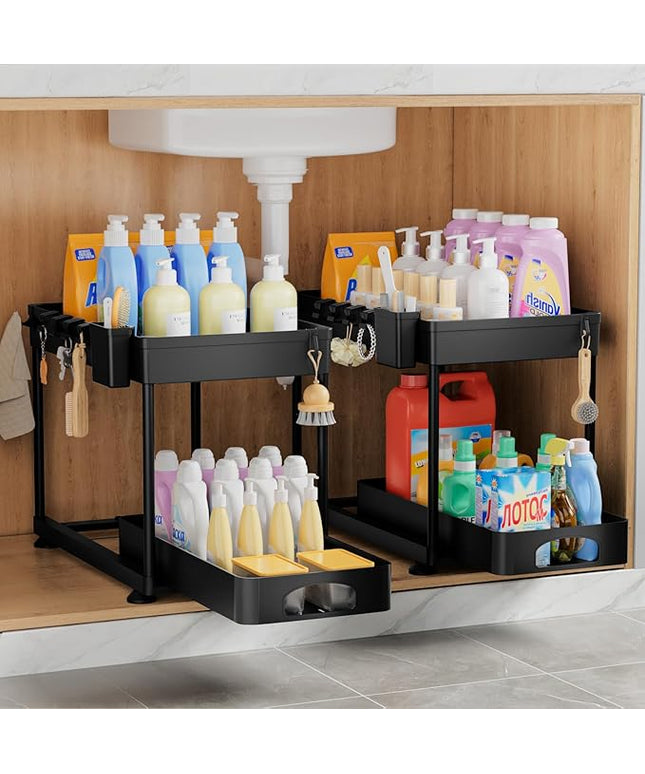 Under Sink Organizer, Under Kitchen Sink Organizer, 2 Pack Bathroom Cabinet Organizers and Storage, 2 Tier Pull-Out Multi-Purpose Storage Organizers for Bathroom Kitchen Cabinet, Black