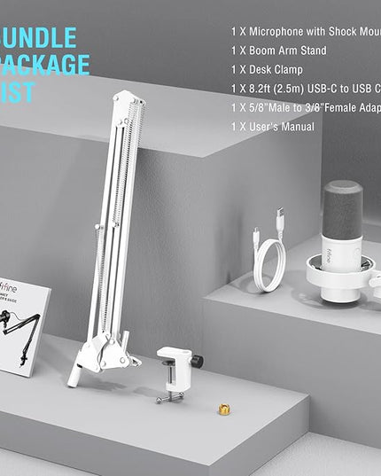 FIFINE Dynamic Microphone with Boom Arm, Studio Vocal XLR Microphone, Podcast USB Mic Kit for PC with Mute Button, Volume Knob, Headphone Jack, for Streaming Recording-AmpliTank K688CT White
