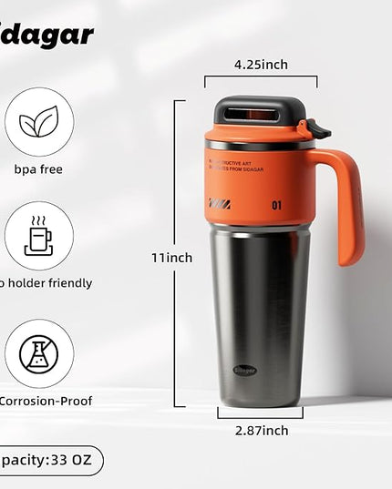 32 oz Stainless Steel Insulated Water Bottle with Handle, Sports Tumbler with Lid and Straw, Push-button Leak-proof Travel Cup, Fits in Car Cup Holder - Dynamic Orange
