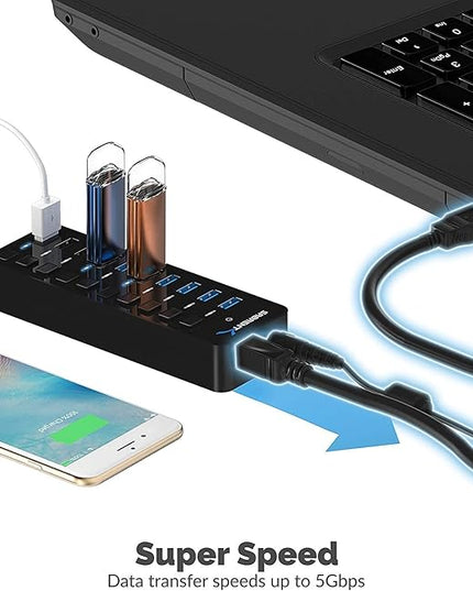 SABRENT 10-Port USB 3.0 Hub, Individual Power Switches and LEDs, 3 Smart Charging Ports, 60W Power Adapter, for PC, Mac, Xbox, PS5, Laptop, Desktop, USB Devices (HB-B7C3)