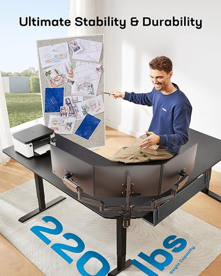 HUANUO Electric L Shaped Standing Desk, 63" x 63" Height Adjustable Corner Standing Desk with Built-in Power Outlets & Power Strip Holder, Sit Stand Up Table with 3 Preset Heights, Black