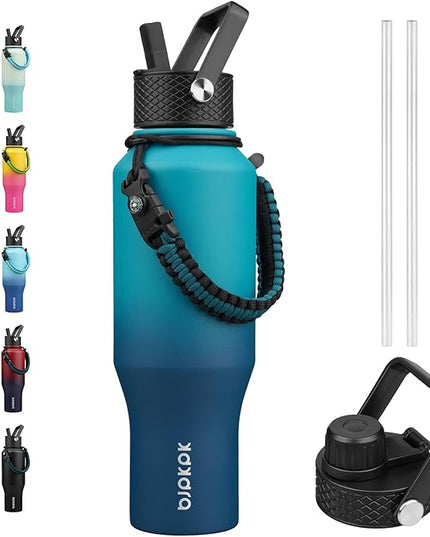 BJPKPK Insulated Water Bottles with Straw Lid, 35oz Metal Water Bottle with 2 lids & Paracord Strap, Double Wall Stainless Steel Vacuum Tumblers, Cups, Mugs, Thermo for Hot& Cold Drinks, Sea