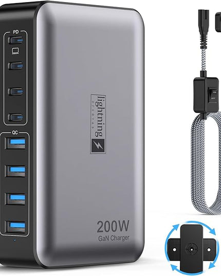 USB C Fast Charger Block 200W, 8 Ports Charging Station for iPhone/Ipad/MacBook, 4C4A GaN Charger Box, Flat Plug Multi Chargers for All Devices 5ft Braided Power Cord with On/Off Switch