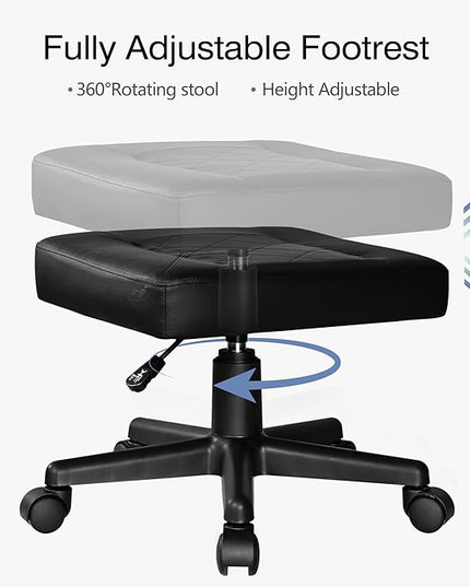 VECELO Under Desk Footrest, PU Ergonomic Foot Rest with Wheels, Comfort Padding, Height Adjustable for Relieving Leg Pain, Stiffness, Black
