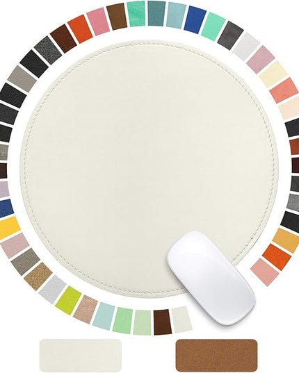 Mouse Pad，Round Mouse Pad，PU Mouse Pad，Leather Mouse Pad with Stitched Edge Micro-Fiber Base with Non-Slip Waterproof，Mouse Pad for Computers，Laptop，9 x 9 Inch (White)