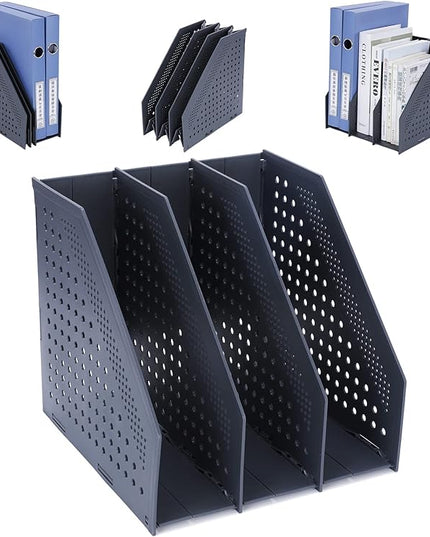 Collapsible Magazine File Holder with 3 Vertical Compartments Foldable Binder Holder for Desk Binder Storage Organizer Plastic Magazine Holders for Shelf, Dark Gray