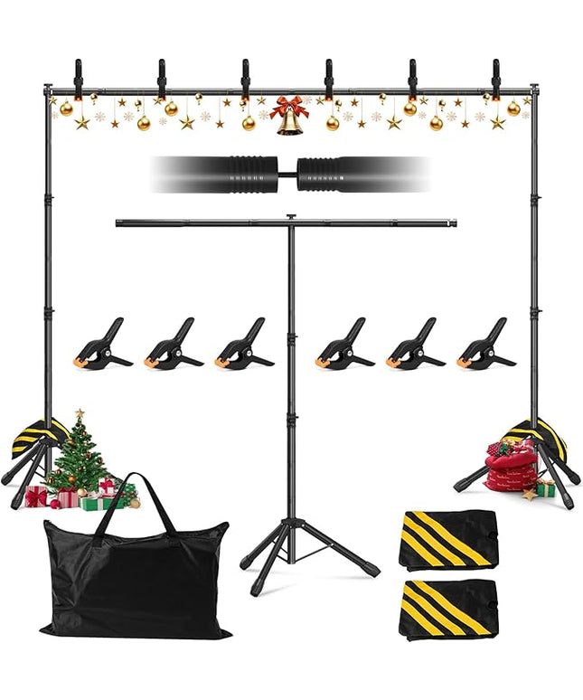 3-in-1 Backdrop Stand Kit 10x8.5 ft for Photography Studio, T-Shape Backdrop Stand for Wedding Parties, Background Stand for Photo Video Studio with Carring Bag, 6 Clamps, 2 Sandbags