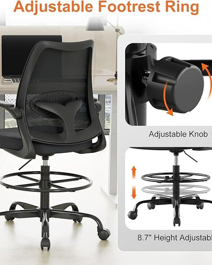 Drafting Chair,Tall Office Chair with Adjustable Footrest Ring,Lumbar Support,Ergonomic High Desk Seat,Flip-Up Armrests,Breathable Mesh Standing Stool for Home Office,Black