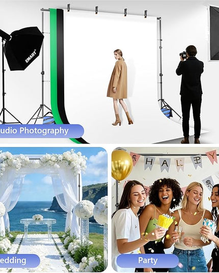 EMART Photo Video Studio Backdrop Stand Kit, 7×10ft Adjustable Photography Support System with Polyester Background(Black/White/Green Screen), Spring Clamps and Carry Bag for Photoshoot