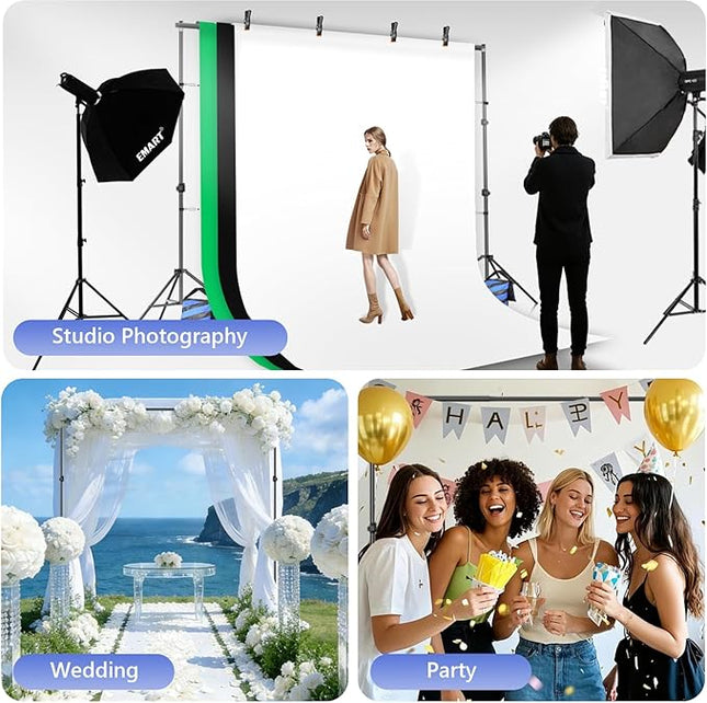 EMART Photo Video Studio Backdrop Stand Kit, 7×10ft Adjustable Photography Support System with Polyester Background(Black/White/Green Screen), Spring Clamps and Carry Bag for Photoshoot