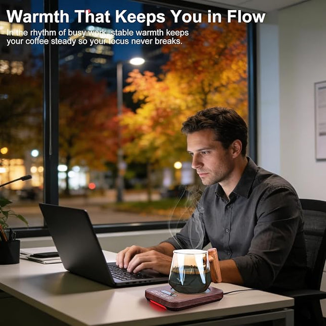 Coffee Mug Warmer with Temperature Control, 36W Electric Mug Heater, 120–180°F Adjustable Desk Cup Warmer with Timer & Auto Shut-Off, Ambient Light, Walnut Wood-Grain Finish, Gift for Home & Office