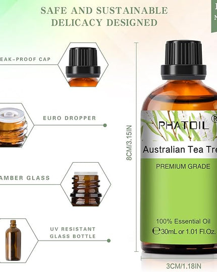 Australian Tea Tree 1.01fl.oz Essential Oil, PHATOIL Pure Aromatherapy Oils for Diffuser, Humidifier, Perfect for DIY Soap, Candle, Bath Bombs Making(30ml)