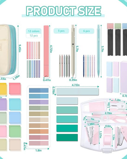 Sinload 60 Pcs Aesthetic Book Annotation Kit School Supplies Cute Pencil Case 12 Highlighter 5 Gel Pen 6 Mechanical Pencil 5 Magnetic Bookmark 1220 Pcs Sticky Note Tab Student Stationary(Mint Green)