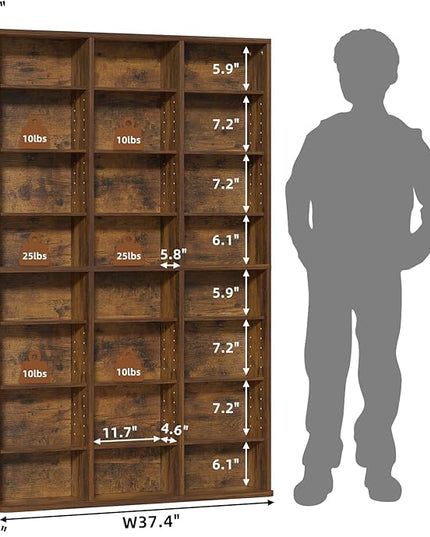 LELELINKY 8 Tier Tall Display Cabinet, Brown Media Storage Cabinet with Adjustable Shelves, Free Standing DVD Organizer Shelf, Floor Multimedia Storage Manga Bookshelf for Living Room & Home Office.