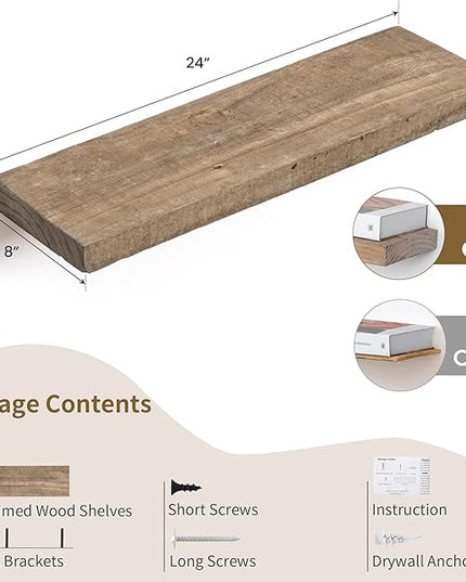 Floating Shelves, 8 Inch Deep Rustic Solid Reclaimed Wood Wall Shelves for Storage, Wall Mounted Display Shelving with Invisible Heavy-Duty Metal Bracket, 24 Inch Width Set of 2, Natural