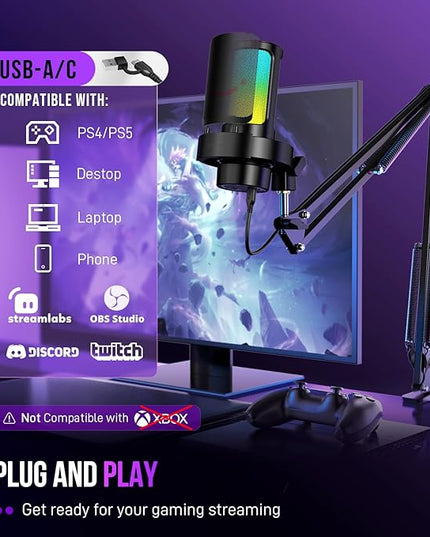 FIFINE USB Gaming Microphone Kit, PC Streaming Mic with RGB Lights, Mute, Gain Knob, Metal Boom Arm for Recording Podcast, Condenser Computer Microphone Set Compatible with PS4/PS5-AmpliGame A8T