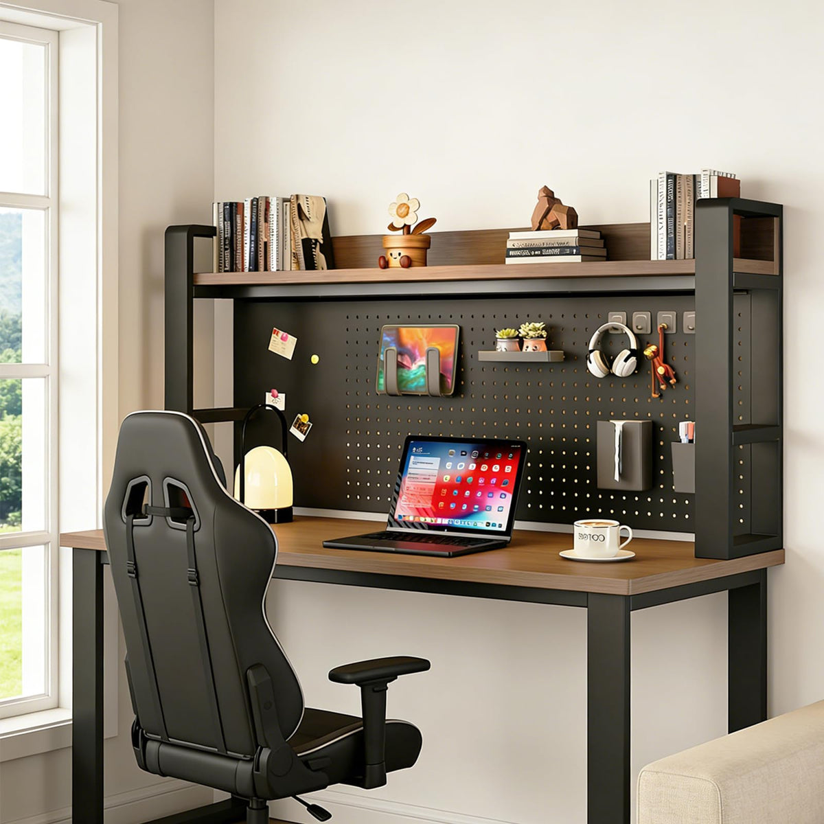 LINLIUA 2/3/4 Tier Desk Hutch, Metal Desk Shelf with Pegboard, Desk Shelves for Top of Desk, Freestanding Desktop Bookshelf, Desktop Shelf Organizer Display Rack for Dorm Office and Home