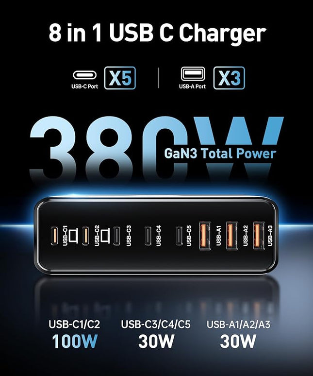 380W USB C Charger Block,with 4 USB Cables 8-Port USB C Charging Station Dual 100W Laptop Charger Fast Charger Type C Charging Block for MacBook Pro, Dell XPS, iPhone, iPad, Tablet (Bright Black)
