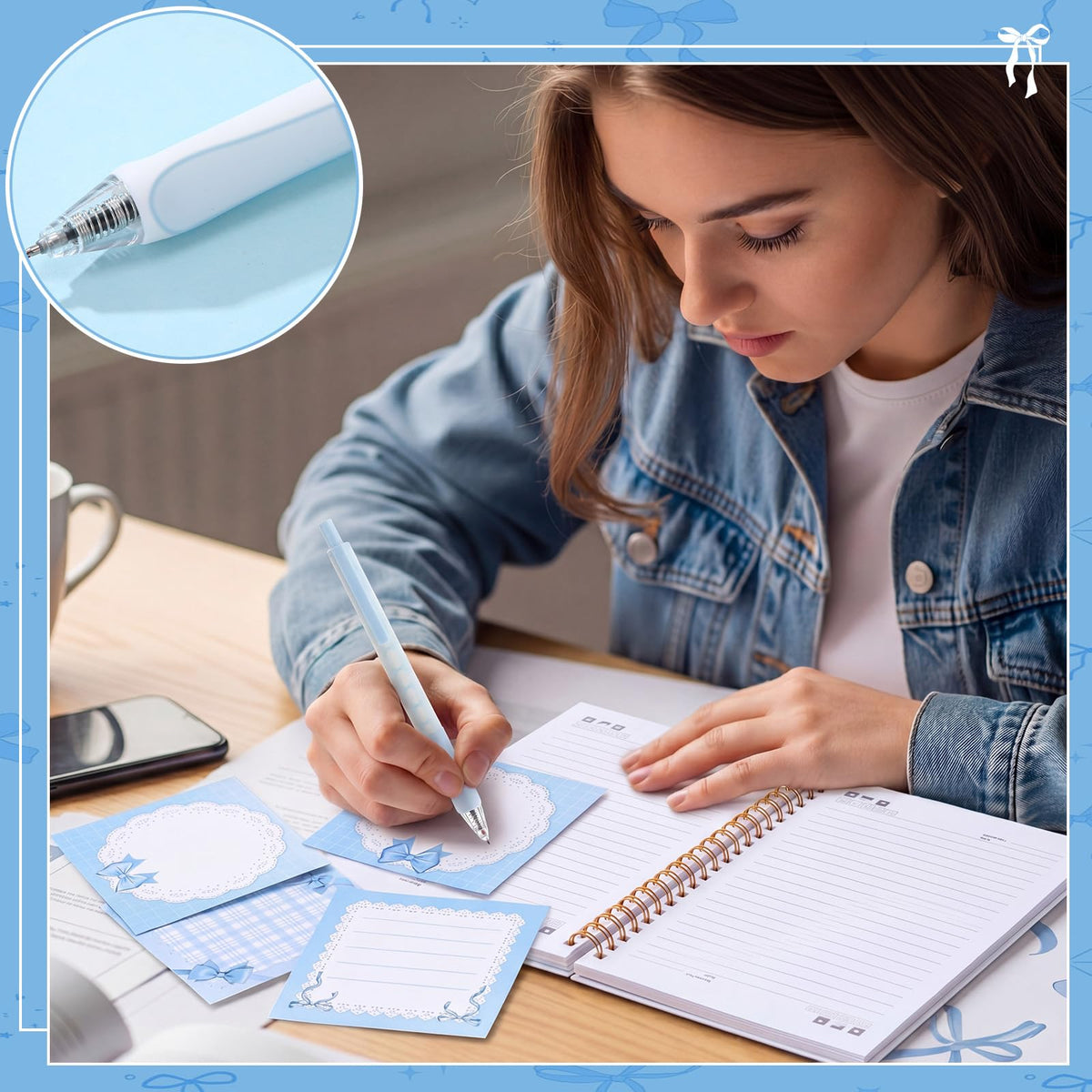 Poola Voidra 20 Pcs Blue Bow Stationery Set, Cute Bow Pen Case, A5 Notebook, 12 Ballpoint Pens, 6 Sticky Notes, Kawaii School Supplies Kit for College Office Back to School Party Favors Birthday Gifts