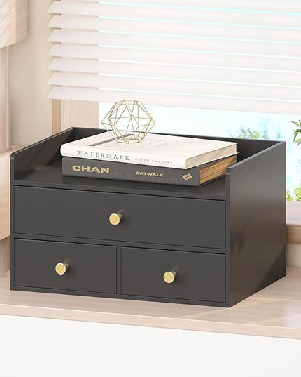 Bamboo Desk Organizer with Drawers Wooden Desktop Storage Drawers for Bills Office Supplies Kitchen Utensils Organizing Tool for Home Classroom Organization No Assembly (3 Drawers, Black)