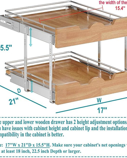 OCG Pull Out Cabinet Organizer 17" W x 21" D, 2 Tier Slide Out Shelf, Heavy-Duty Pull Out Drawer for Cabinets, Base Cabinet Organization for Kitchen, Pantry, Bathroom