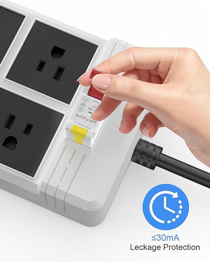 GFCI Power Strips with 9.84 FT Heavy Duty Extension Cord, 4 Gang Sockets 15A Fused SAFEMORE Power Strip 1875J with 30mA RCBO Leakage Protection, for Workshop Garage RV Indoor (White)