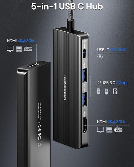 USBC to HDMI, DockteckExpand 5-in-1 USB C Hub with Dual HDMI 4K@30Hz, 2 USB 3.0 Ports, 100W PD Charging – Compatible with MacBook, Dell, Chromebook & More