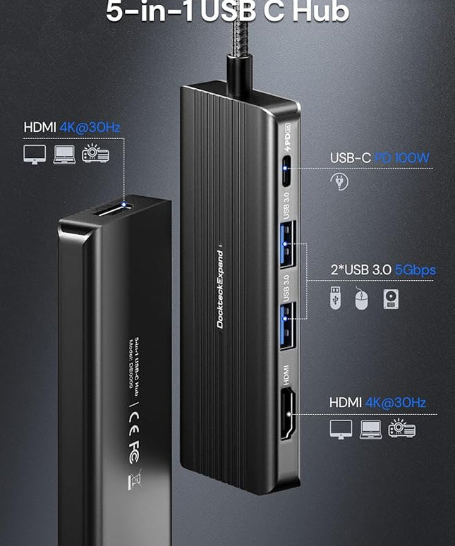 USBC to HDMI, DockteckExpand 5-in-1 USB C Hub with Dual HDMI 4K@30Hz, 2 USB 3.0 Ports, 100W PD Charging – Compatible with MacBook, Dell, Chromebook & More
