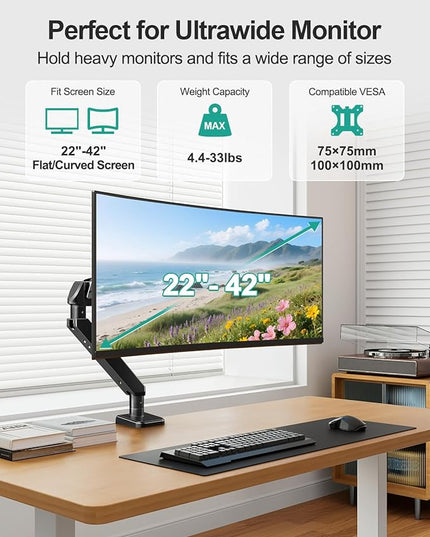 MOUNT PRO Ultrawide Single Monitor Arm for 22"- 42" Screens, Monitor Desk Mount Stand Holds 4.4-33 lbs, Heavy Duty Height Adjustable Vesa Mount, with C Clamp & Grommet Base
