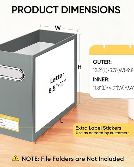 BALEINE File Organizer Box, Cardboard File Folder Organizer with Handle for Letter Size, Portable Collapsible Hanging Filing Box for Home Office Document Storage (4 Pack, Grey)