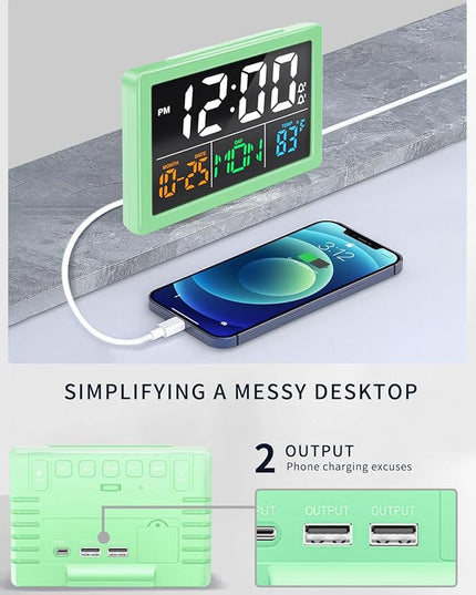Digital Alarm Clock, with 5.5" Large LED Time Display, Adjustable Alarm Volume, 6 Level Brightness, Alarm Settings, USB Charger, Temperature Detect, Snooze, Clocks for Bedroom, Bedside, Desk, Green