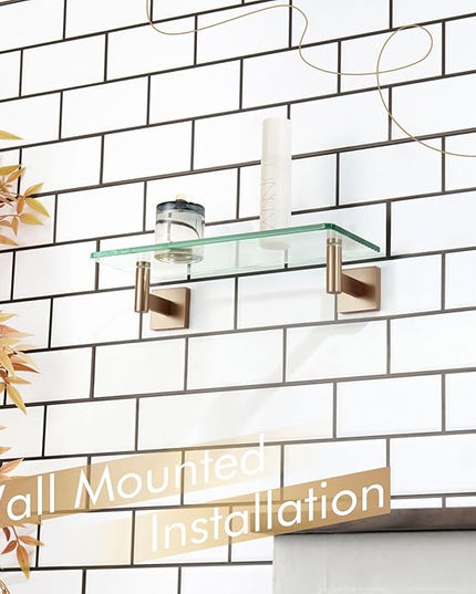 KOKOSIRI Wall Shelves Bathroom Hardware Glass Floating Shelf 12-Inch for Bedroom, Living Room, Kitchen, Hanging Rack Champagne Bronze B1105CPG-L12
